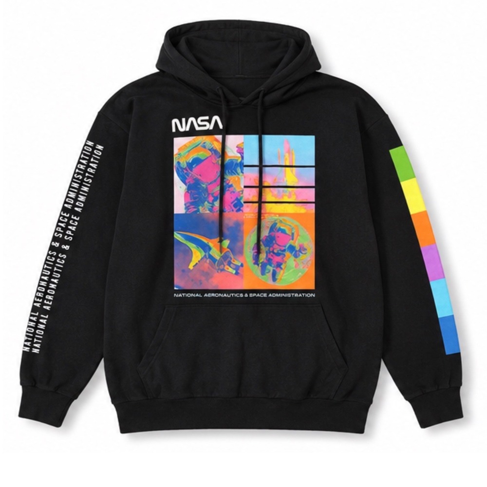NASA Hoodie Black Space Exploration Astronaut Pop Art Graphic Sci-Fi Unisex Med